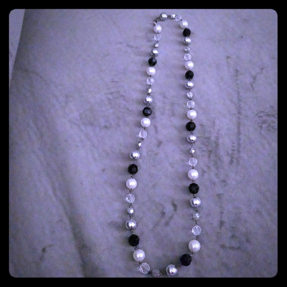 Black, white, clear beaded necklace